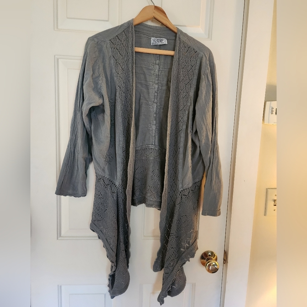 Mexicali Blues Cardigan Knit Embroidered Floral Gray Size Medium Boho Hippie
